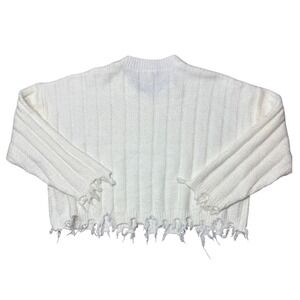 Used Fashion Nova Womens White Distressed Cropped Knit Sweater Size Med Good Con
